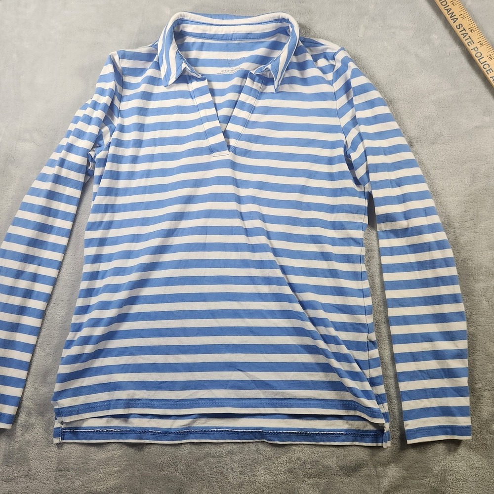 Womens Blue Striped TALBOTS‎ Long Sleeve Polo Knit Shirt Top Small Petite